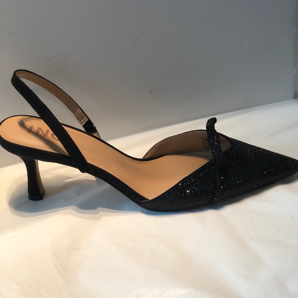 INC International Concepts Black Slingback Kitten Heel Shoes with Beaded Toe